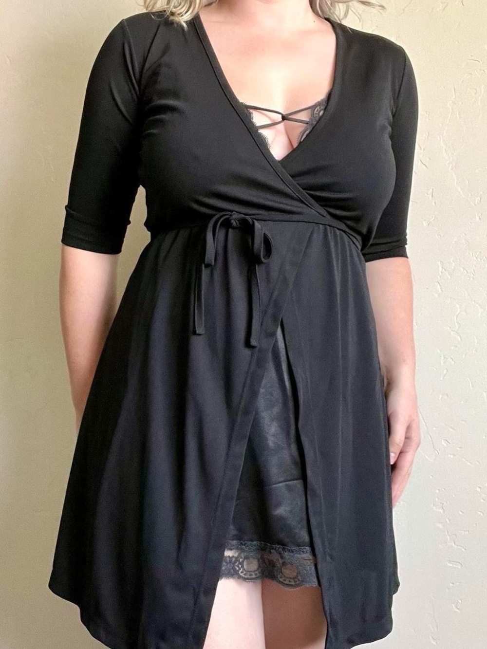 Express simple black stretch mini wrap dress